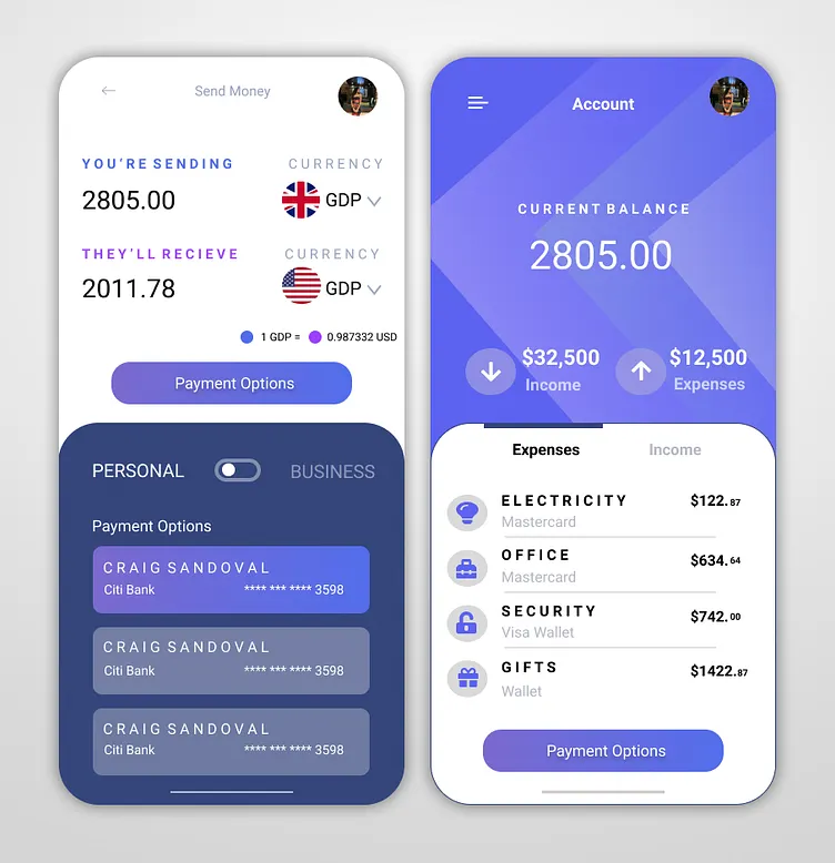 Money transfer and payment options mobile UI screens