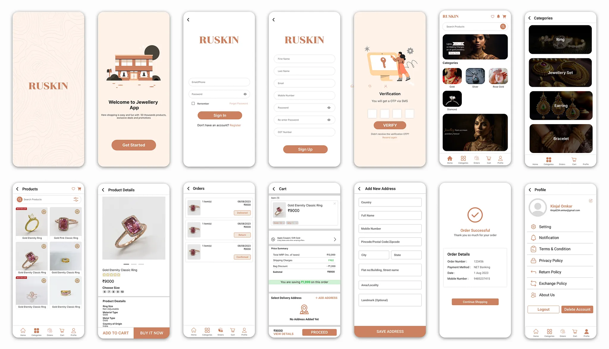 Ruskin jewelry app screens showing login, catalog, cart, and profile flows