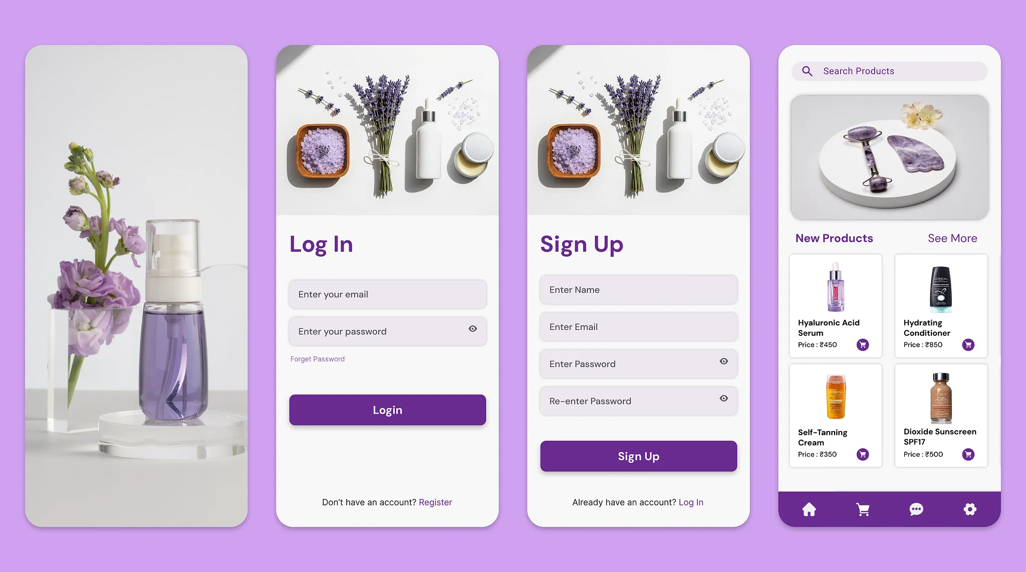 Purple beauty mobile app login, sign up, and product screens