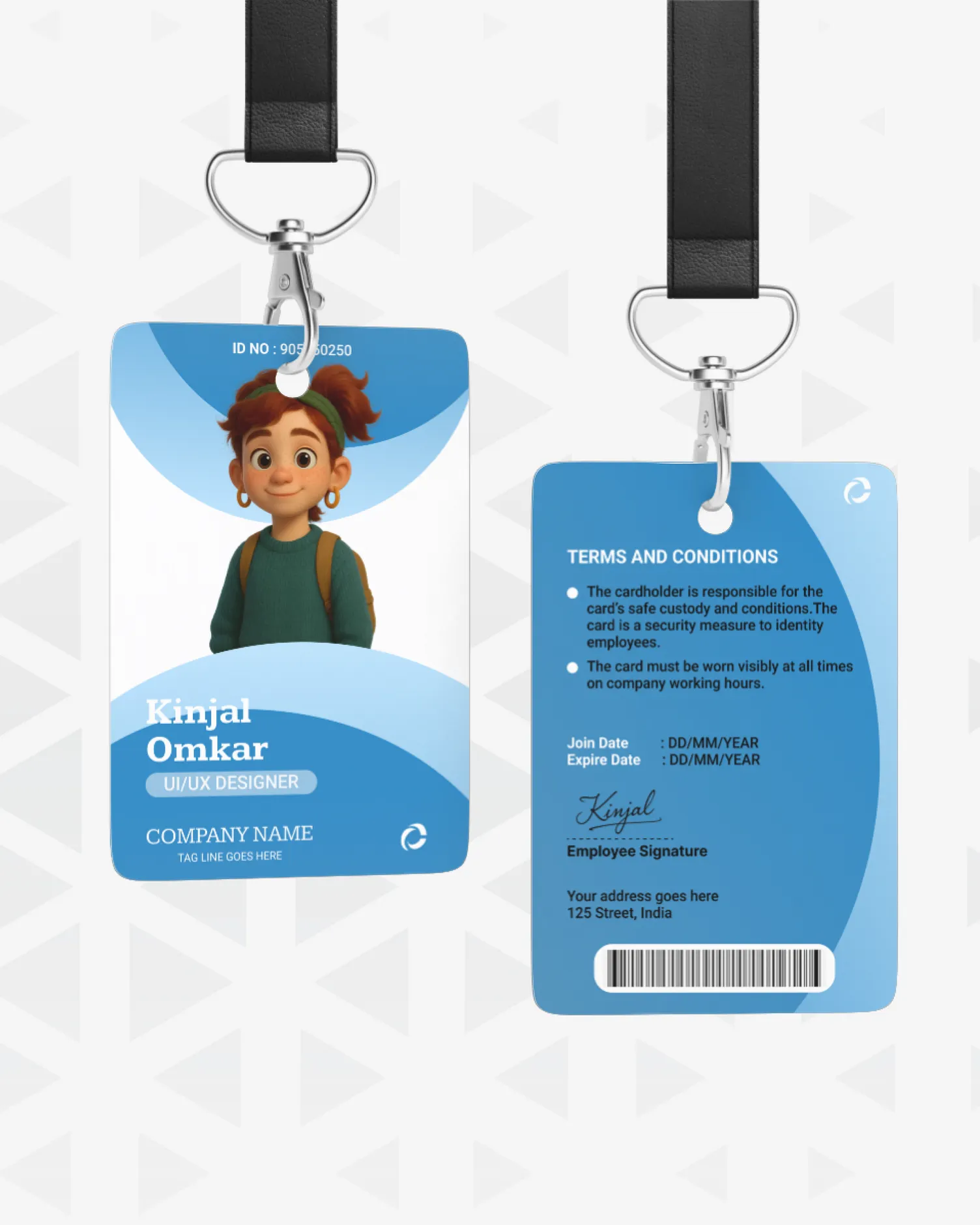 Blue corporate ID card design for Kinjal Omkar