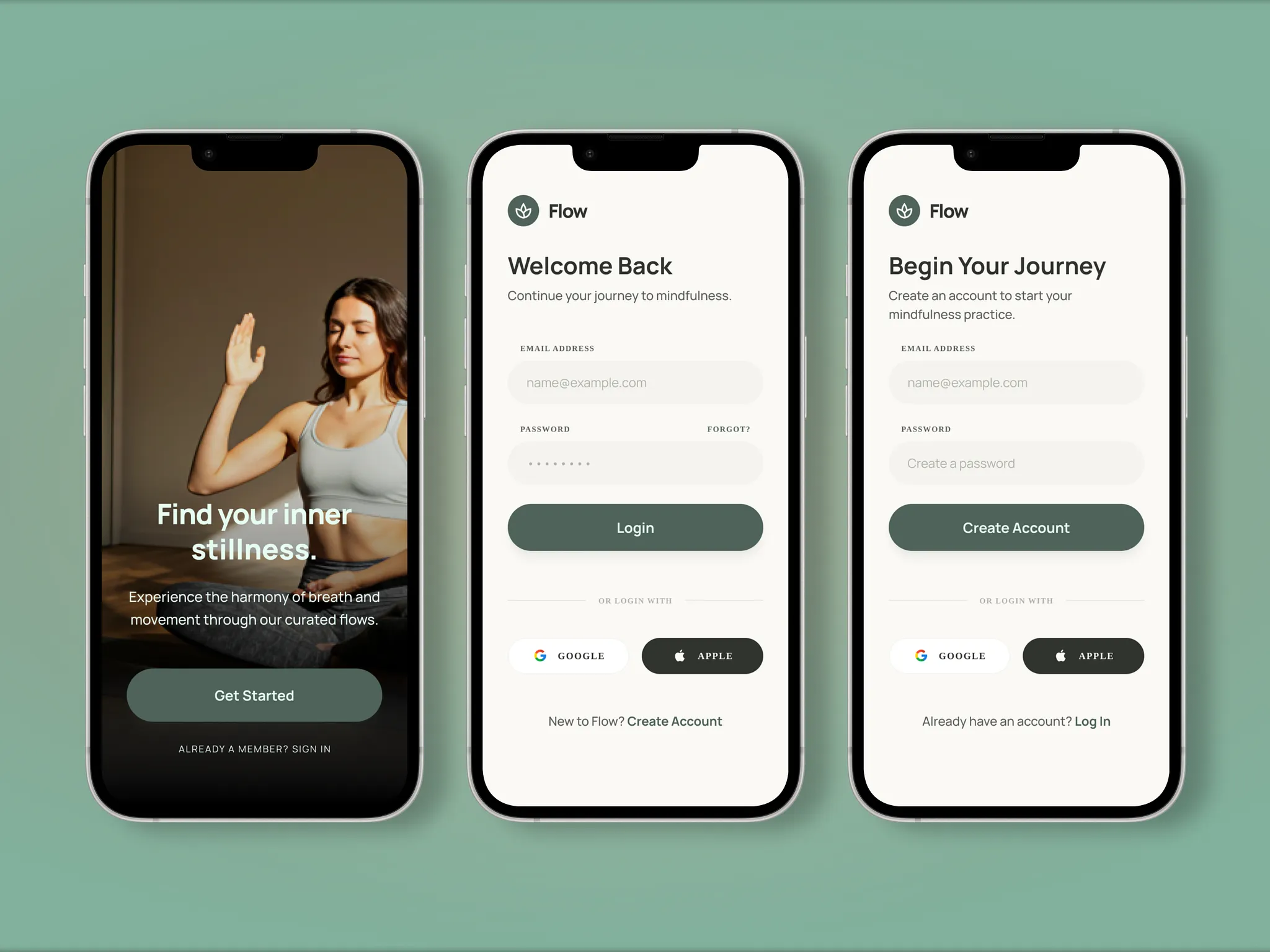 Flow wellness app onboarding and login UI screens