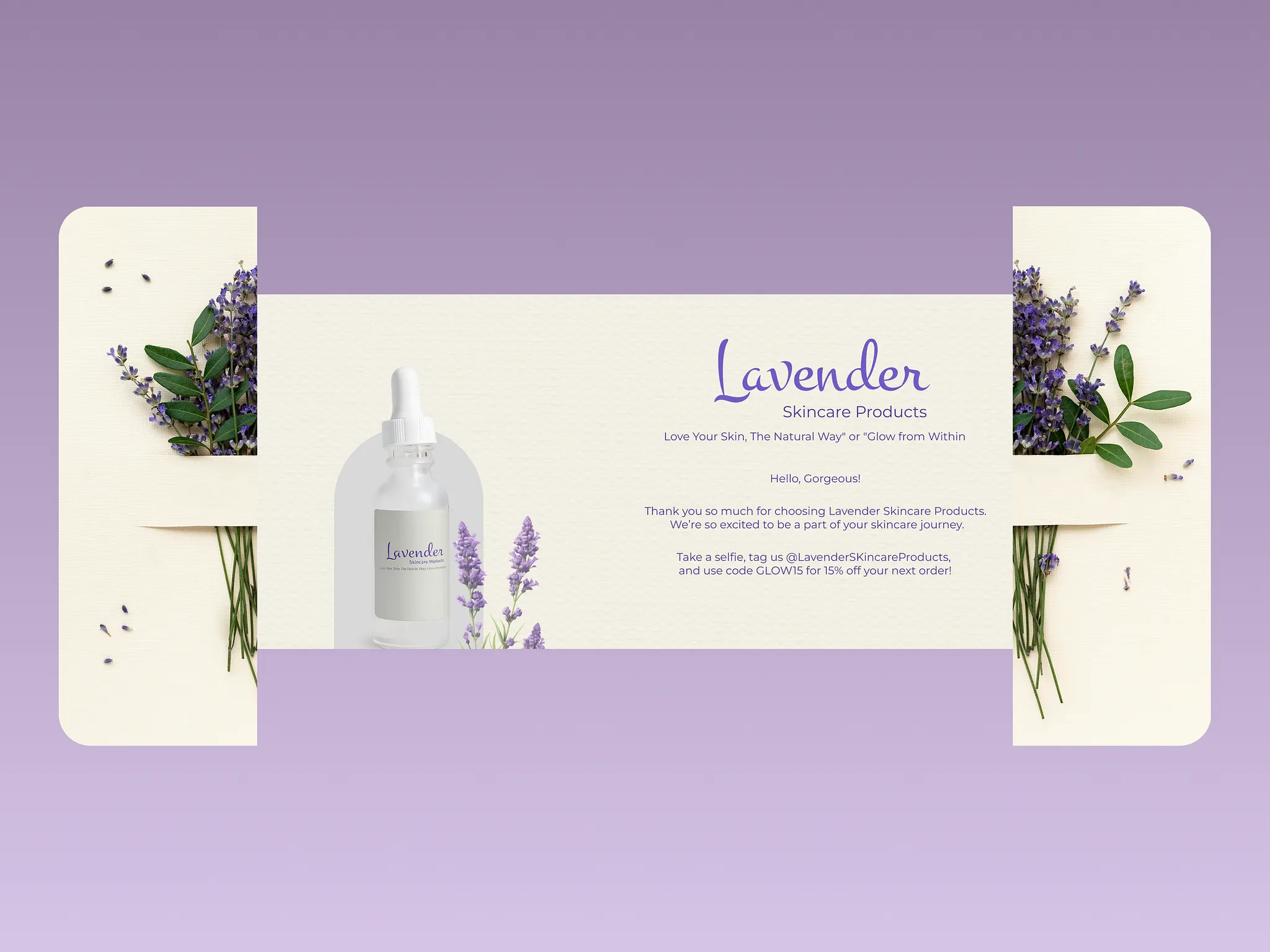 Lavender skincare banner with product bottle and floral details